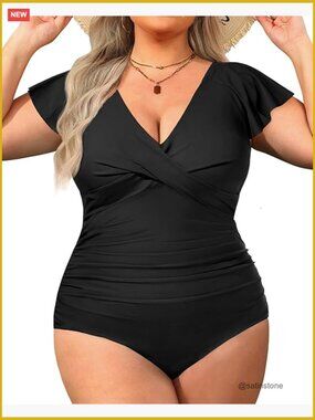 Plus Size Tummy Control One Piece Swimwear Full Coverage Ruffled Swimsuit